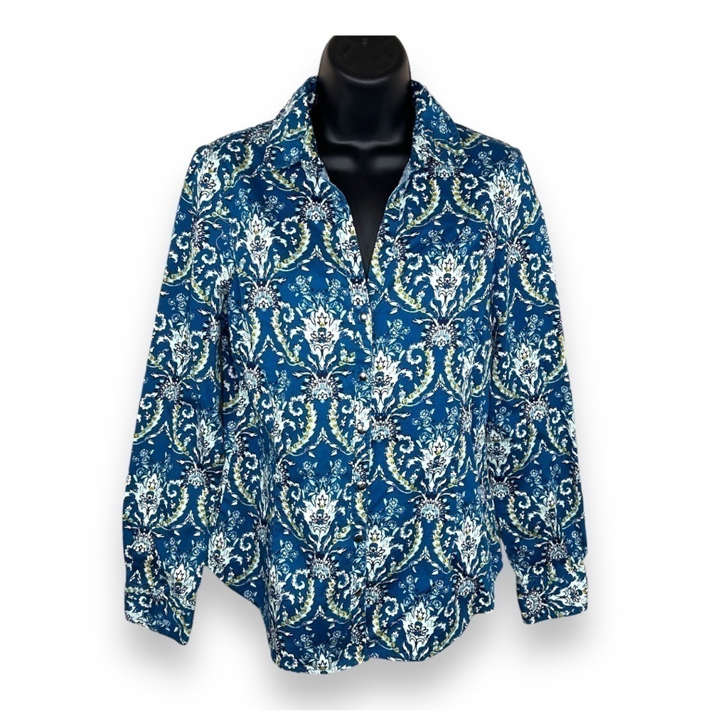 Medium New York And Co Jacquard Top Long Sleeve Stretch Blue Teal Black White